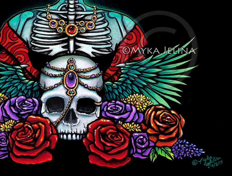 Beautiful Bones Signed Print Dia De Muertos Festival Mictecacihuatl Sugar Skull Calaca Day of the Dead Headdress