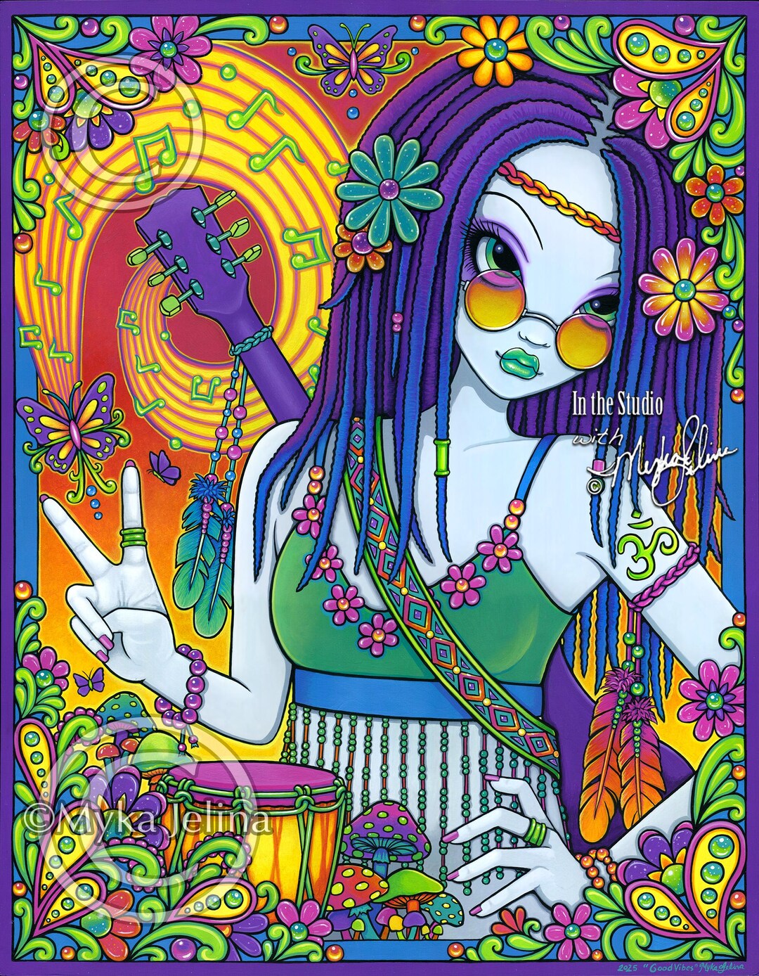 Good Vibes Musical Hippie Fantasy Signed Prints Guitar Boho