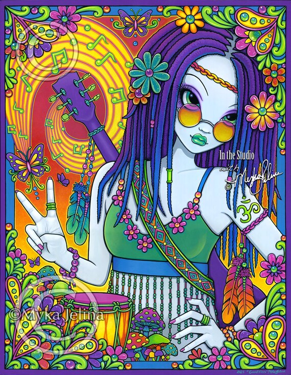 Good Vibes Musical Hippie Fantasy Signed Prints Guitar Boho