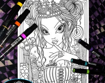 Digital Download Coloring Page "Sweet Tooth" Line Art Myka Jelina Art Cute Candy Girl Princess Lollipops Bubble Gum Sweet Tarts Pigtails