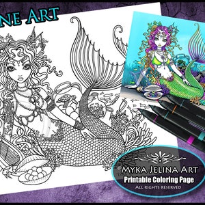Meerjungfrau Lyra Line Art Malseite Download Ozean Meereslandschaft Schildkröte Fisch Koralle Myka Jelina Art
