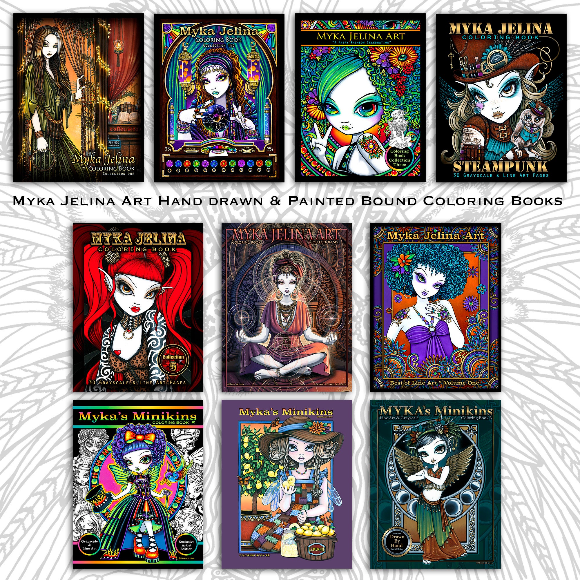 Myka Jelina Coloring 10 Books Fairy Fantasy Art Line Art Grayscale