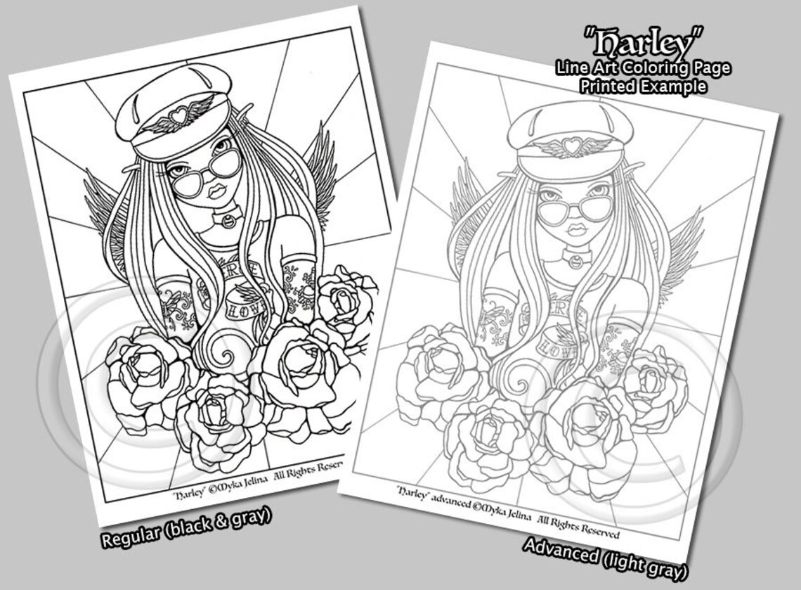 Harley Line Art Coloring Page Digital Download Biker Angel - Etsy
