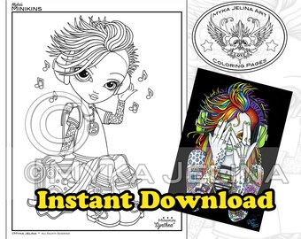 Minikin Synthea Line Art - Instant Download - Coloring Page - Musical Kid - Children Art - Big Eyed Fairy - Tattoo Sleeves - Boom Box