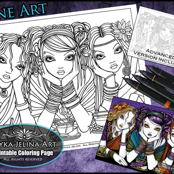 Tea For Three - Line Art - Digital Download - Coloring Page - Bohemian Tea Party - Myka Jelina Art - Celestial Fairies