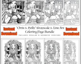 Christmas Coloring Page Bundle - Instant Download - Holiday Art - Christmas - Chris - Holly - Grayscale Coloring - Line Art - Myka Jelina