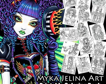 Set 9 - Printable Coloring Book -  Myka Jelina Art - Fairy Coloring Book - Fantasy Coloring Pages - Digital Download - 15 Pages - Line Work