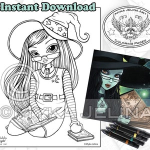 Minikin Twyla - Line Art - Instant Download - Coloring Page - Cute Witch - Children Art - Big Eyed - Magical - Halloween