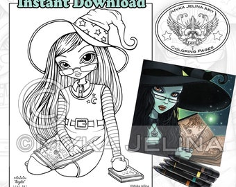 Minikin Twyla - Line Art - Instant Download - Coloring Page - Cute Witch - Children Art - Big Eyed - Magical - Halloween