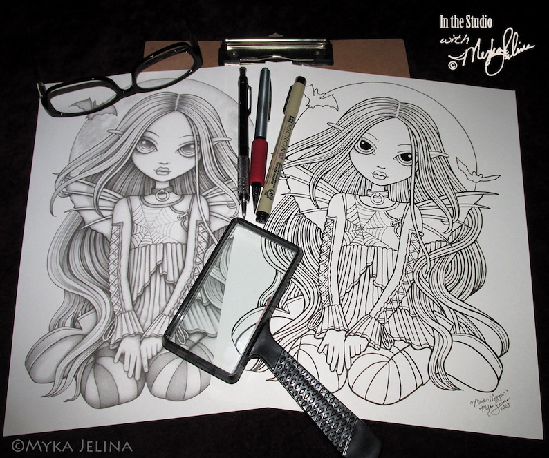 Myka's Minikins Bound Coloring Book 3 Autographed Artist Edition Big Eyed Child Fairy Line Art & Grayscale image 4