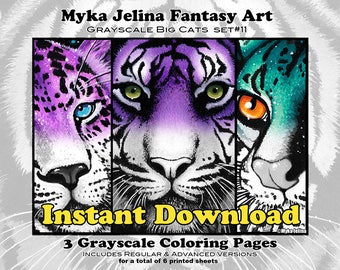 Grayscale Set 11 - Big Cats - Printable Coloring Book - Myka Jelina Art - Animal Coloring - Instant Download - Wild Cats - Tiger - Leopard