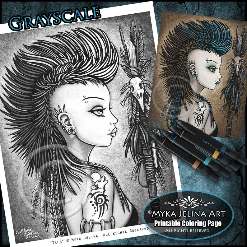 Mohawk Coloring Tribal Mohawk Priestess Coloring Page: Tala Grayscale Art (digital ...