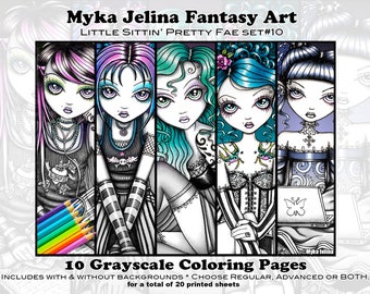 Grayscale Set 10 - Cute Fairies - FREE US SHIPPING - Myka Jelina - Fantasy Art - Adult Coloring Pages - Sittin' Pretty - Gothic Fairy