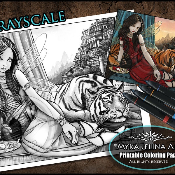 Tatiana & Teagan - Grayscale - Digital Download - Coloring Page - Gothic Fairy - Myka Jelina Art -  Wild Cat - Tiger
