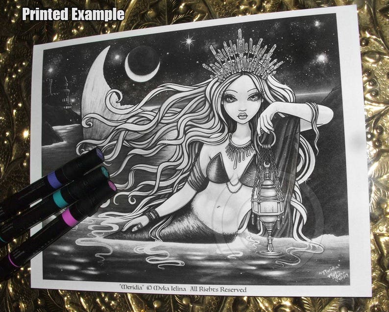 Meridia Grayscale Digital Download Coloring Page Mermaid Myka Jelina Art Siren Seascape image 2