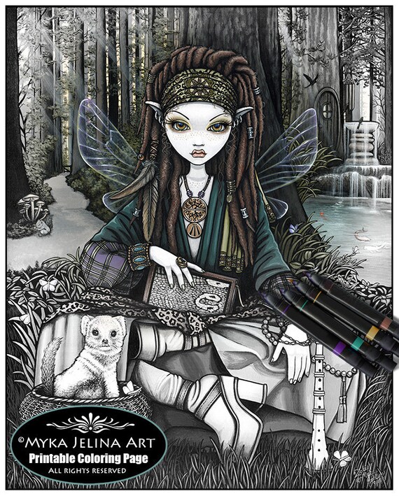 Zoti Grayscale Digital Download Coloring Page Bohemian Nature Fairy Myka Jelina Art Woodland Dreadlocks Forest Fairy - 