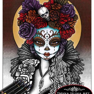 May include: A black and white printable coloring page featuring a Day of the Dead sugar skull with a floral crown. The skull has intricate details and is surrounded by flowers. The text "MYKA JELINA ART Printable Coloring Page ALL RIGHTS RESERVED" is at the bottom of the page.