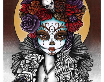 May include: A black and white printable coloring page featuring a Day of the Dead sugar skull with a floral crown. The skull has intricate details and is surrounded by flowers. The text "MYKA JELINA ART Printable Coloring Page ALL RIGHTS RESERVED" is at the bottom of the page.