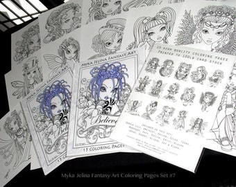 Set  7 - Printed Coloring Pages - FREE US SHIPPING - Adult Coloring - Big Eyed Fairy - Angel Art - Loose Leaf Pages - 15 Pages - Line Work