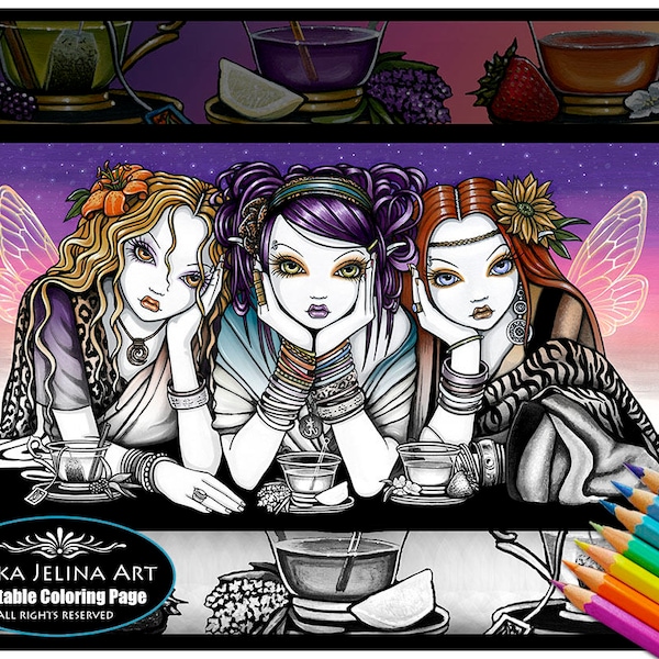 Tea For Three - Grayscale - Digital Download - Coloring Page - Fairies - Myka Jelina Art - Tea Party - Sisters - Best Friends