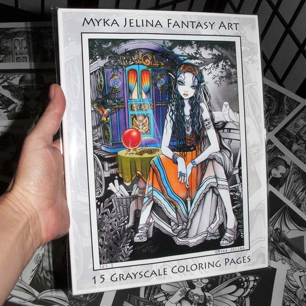 Set 1 - 15 Pages - FREE US Shipping - Myka Jelina - Fantasy Art - Grayscale - Adult Coloring Pages - Bohemian Gypsy - Boho Girls