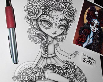 Original Myka Jelina Pencil Drawing Minikins Series Dalia Sugar Skull Dia De Muertos Calaca Flowers