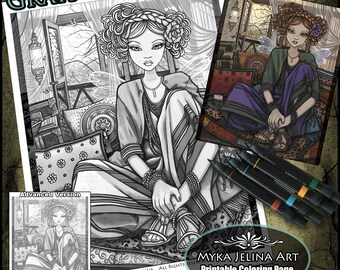 Dakota Grayscale Digital Download Coloring Page Bohemian Fairy Myka Jelina Art