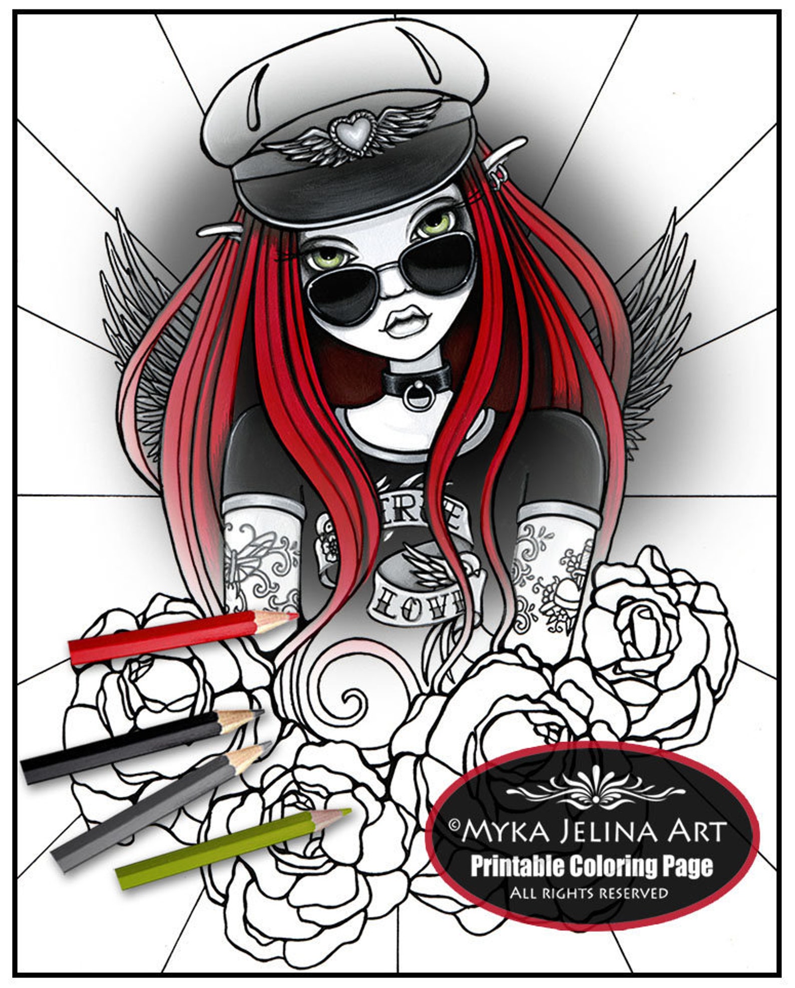 Harley Line Art Coloring Page Digital Download Biker Angel - Etsy