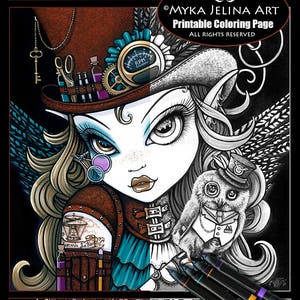 Steampunk Owl Angel Fairy Jewels Vern Grayscale Digital Download Coloring Page Myka Jelina Art Big Eyed Angel