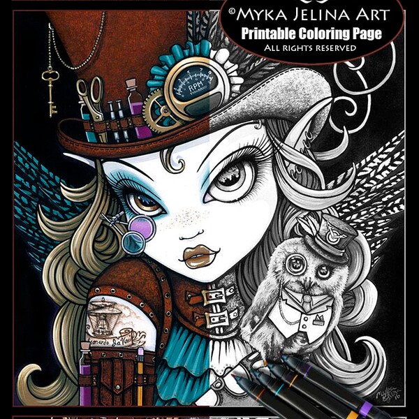 Jewels & Vern - Grayscale - Digital Download - Coloring Page - Steampunk Owl - Myka Jelina Art -  Big Eyed - Angel