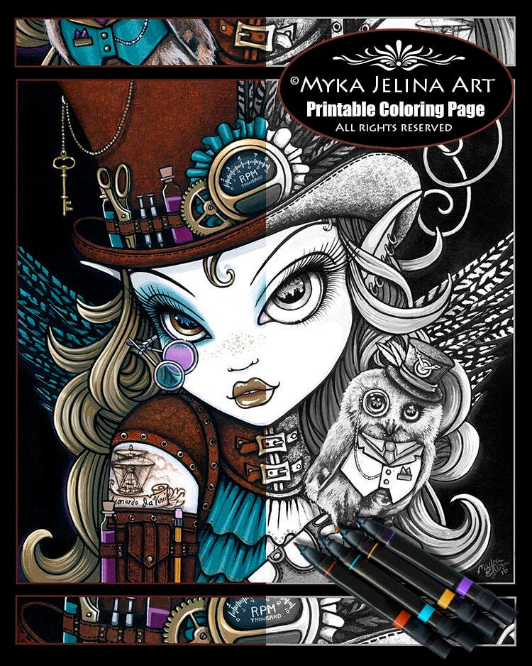 Steampunk Owl Angel Fairy Jewels Vern Grayscale Digital Download Coloring Page Myka Jelina Art Big E