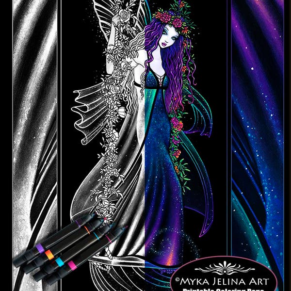 Iris - Grayscale - Digital Download - Coloring Page - Swinging Fairy - Myka Jelina Art - Nebula Fae - Star Child - Bohemian Girl