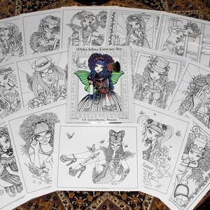 Set 9 Printed Coloring Pages FREE US SHIPPING Big Eyed Fairy Angel Art Loose Leaf Coloring Pack LIne Work 15 Pages image 4