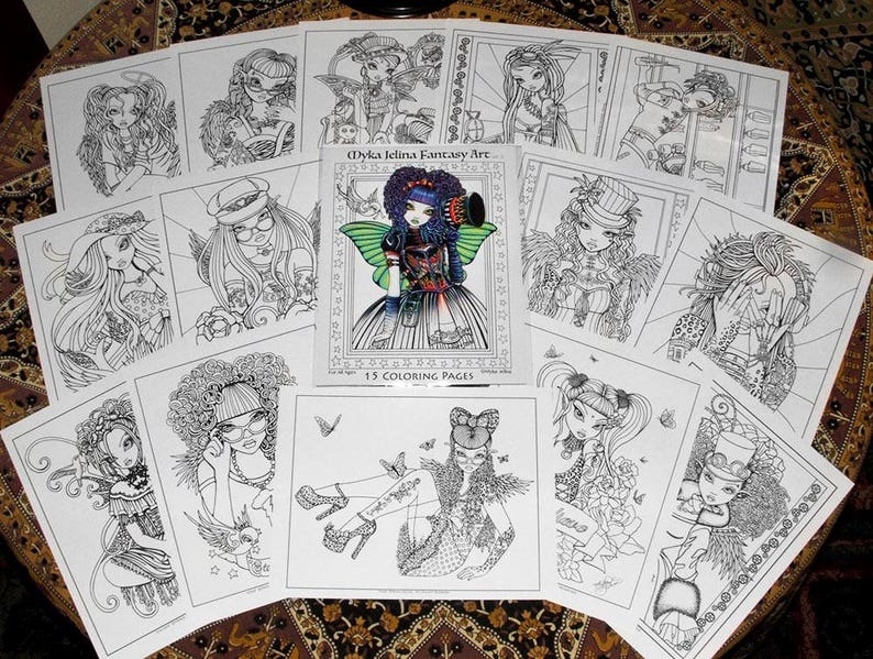 Set 9 Printed Coloring Pages FREE US SHIPPING Big Eyed Fairy Angel Art Loose Leaf Coloring Pack LIne Work 15 Pages image 4