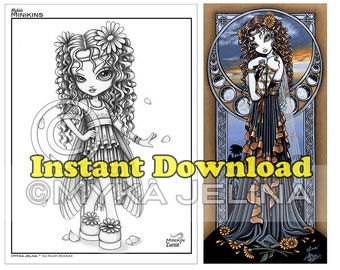 Minikin Lucia Grayscale - Instant Download - Coloring Page - Flower Fairy - Curly Haired Fairy - Child Fae - Big Eyed Fairy