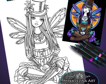 Rhapsody Line Art Digital Download Coloring Page Gothic Steampunk Top Hat Fairy Myka Jelina Art