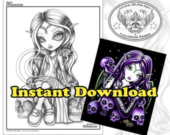 Minikin Belladonna Grayscale - Instant Download - Coloring Page - Gothic Fairy - Child Fae - Children Art - Big Eyed Fairy - Skull Fairy