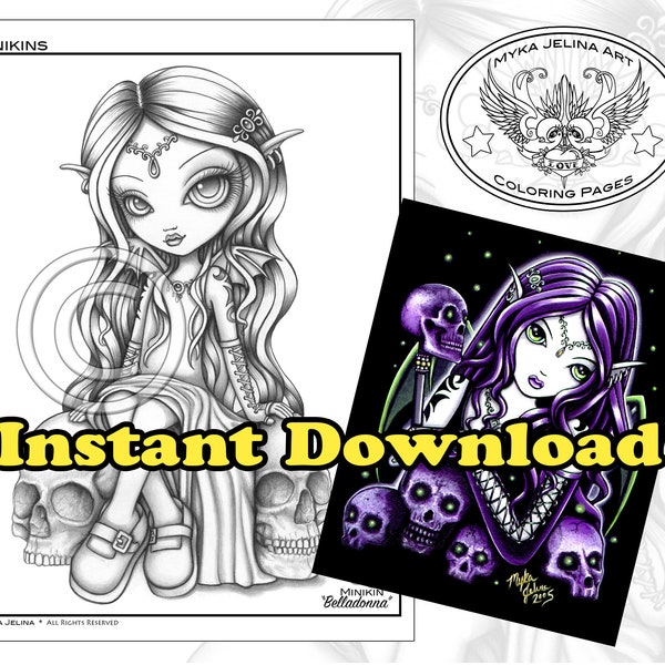 Minikin Belladonna Grayscale - Instant Download - Coloring Page - Gothic Fairy - Child Fae - Children Art - Big Eyed Fairy - Skull Fairy