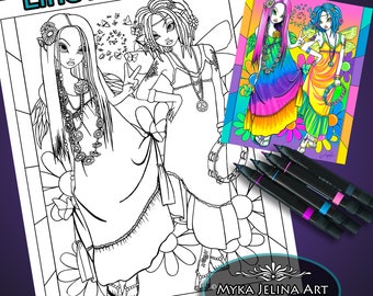 Chloe Harmony Line Art Digital Download Coloring Page Flower Child Fairy Friends Hippie Bohemian Myka Jelina Art