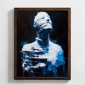 Puede incluir: Una pintura de la cabeza y los hombros de una persona, con la cara cubierta de pintura blanca. El fondo es azul oscuro y negro, con toques de verde. La pintura está enmarcada en un marco de madera oscura.