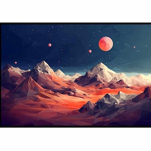 May include: A digital art print of a low-poly mountain range with a red and orange color scheme. The sky is dark blue with pink planets and stars.