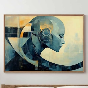 Abstract Cyberpunk Female Portrait Illustration - Modern Sci-Fi Cyber Aesthetic - Futuristic Cybernetic Woman Robot - Techno Futurism Art
