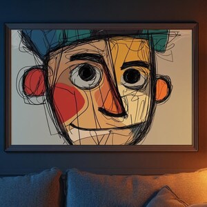 May include: A framed abstract painting of a colorful face with a blue hat. The painting is hanging on a dark blue wall above a blue couch with pillows.