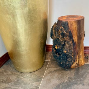 May include: A large, smooth, metallic gold floor vase with a tapered shape stands next to a cylindrical wooden stool. The stool features a natural, rough, dark brown bark exterior on one side and a smooth, polished, light brown wood top surface.