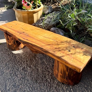 May include: A low bench constructed from a single thick slab of light brown wood with a natural live edge, supported by two cylindrical log bases. The wood surface displays prominent grain patterns, dark streaks, and small knots throughout.