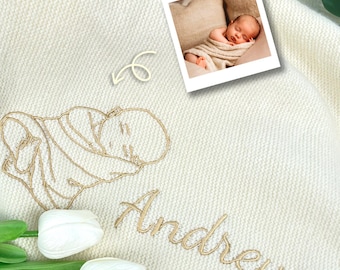 Hand-Embroidered Baby Portrait Blanket: Custom Cotton Keepsake