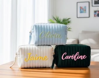 Personalized Embroidered Makeup Bag | Custom Name Corduroy Cosmetic Pouch | Bridesmaid Gift | Travel Toiletry Bag