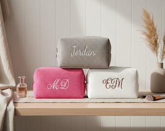 Personalized Waffle Cosmetic Bag, Embroidered Monogram, Bridesmaid Gift