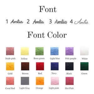 May include: Image showcasing font styles and yarn colors. The word "Font" appears at the top, followed by four font examples labeled 1-4. Below, "Font Color" is displayed, with a grid of yarn colors including nude pink, yellow, bean green, light blue, and more.