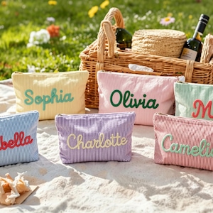 Personalized Seersucker Makeup Bag, Chenille Name Cosmetic Pouch, Travel Toiletry Bag, Gift for Her